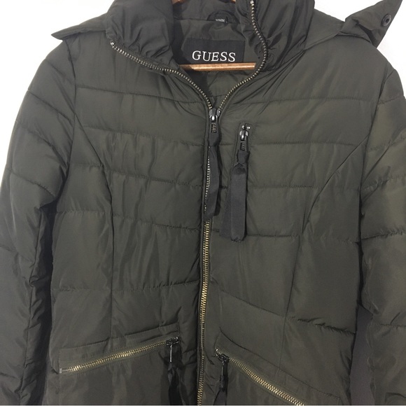 Guess women’s olive green hooded coat. Size medium. - Picture 2 of 16